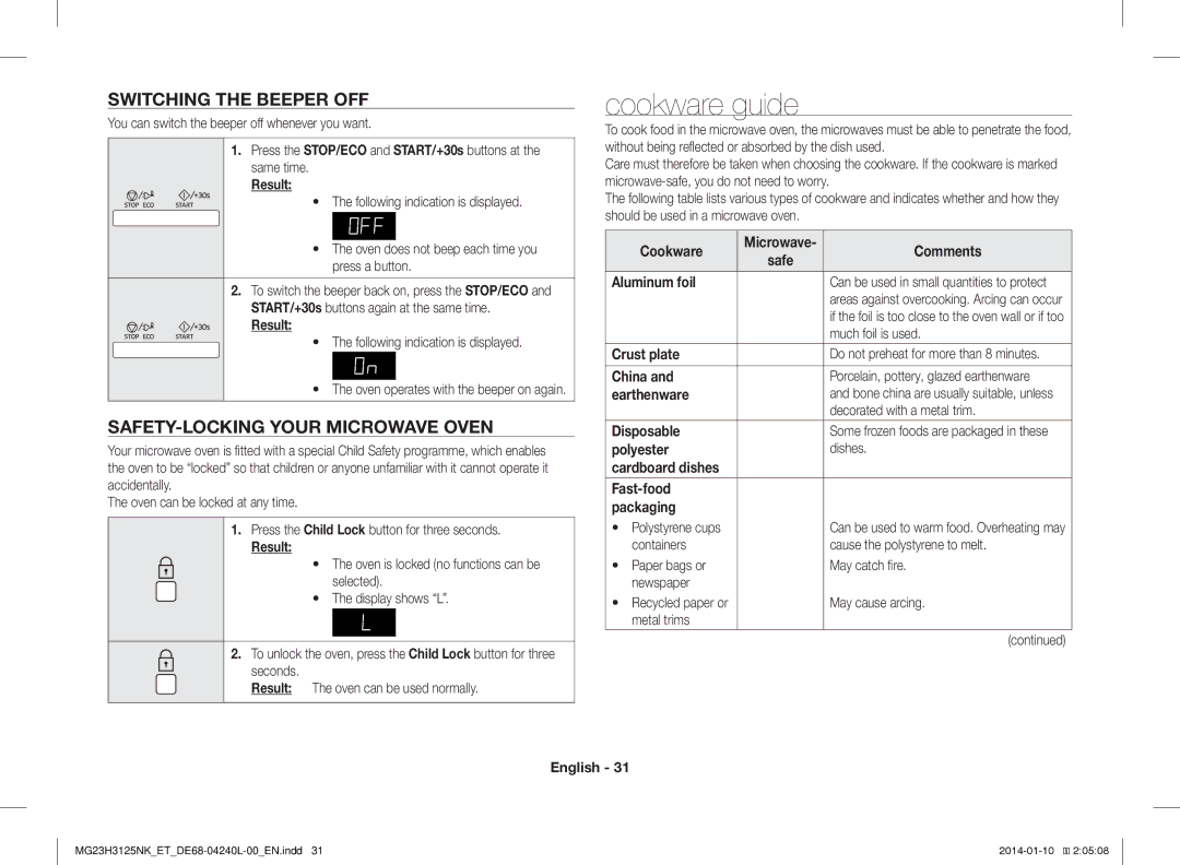 Samsung MG23H3125NW/ET, MG23H3125TK/ET manual Cookware guide, Switching the Beeper OFF, SAFETY-LOCKING Your Microwave Oven 