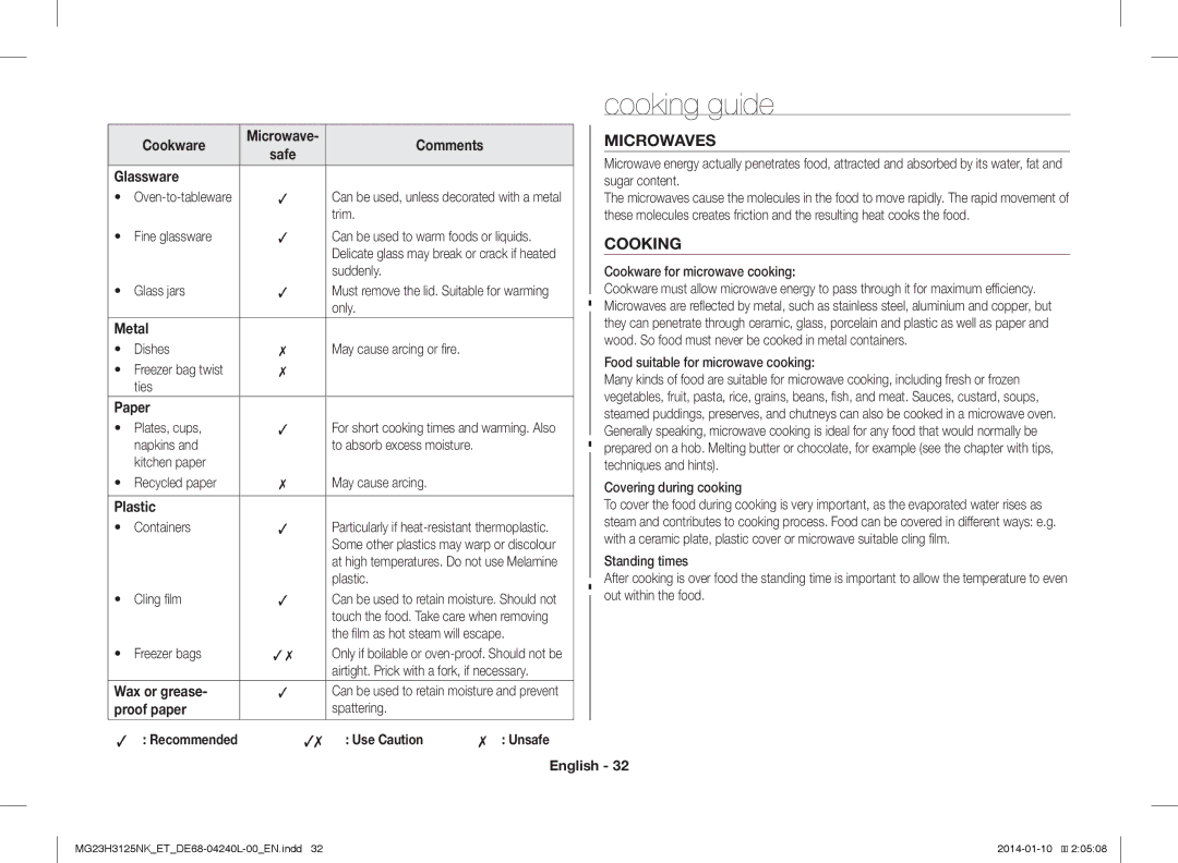 Samsung MG23H3125TK/ET, MG23H3125NW/ET manual Cooking guide, Microwaves 