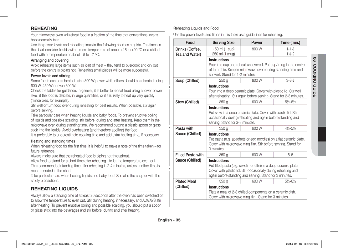 Samsung MG23H3125NW/ET, MG23H3125TK/ET manual Reheating Liquids 