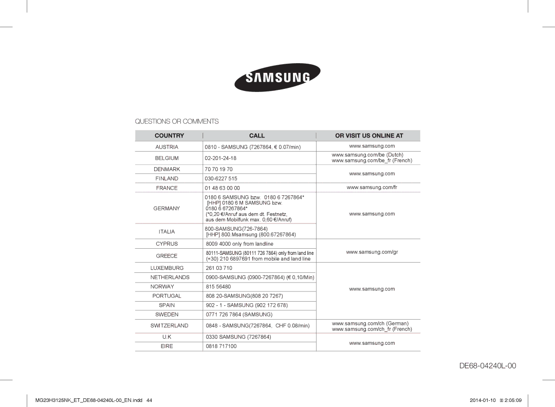 Samsung MG23H3125TK/ET, MG23H3125NW/ET manual DE68-04240L-00 