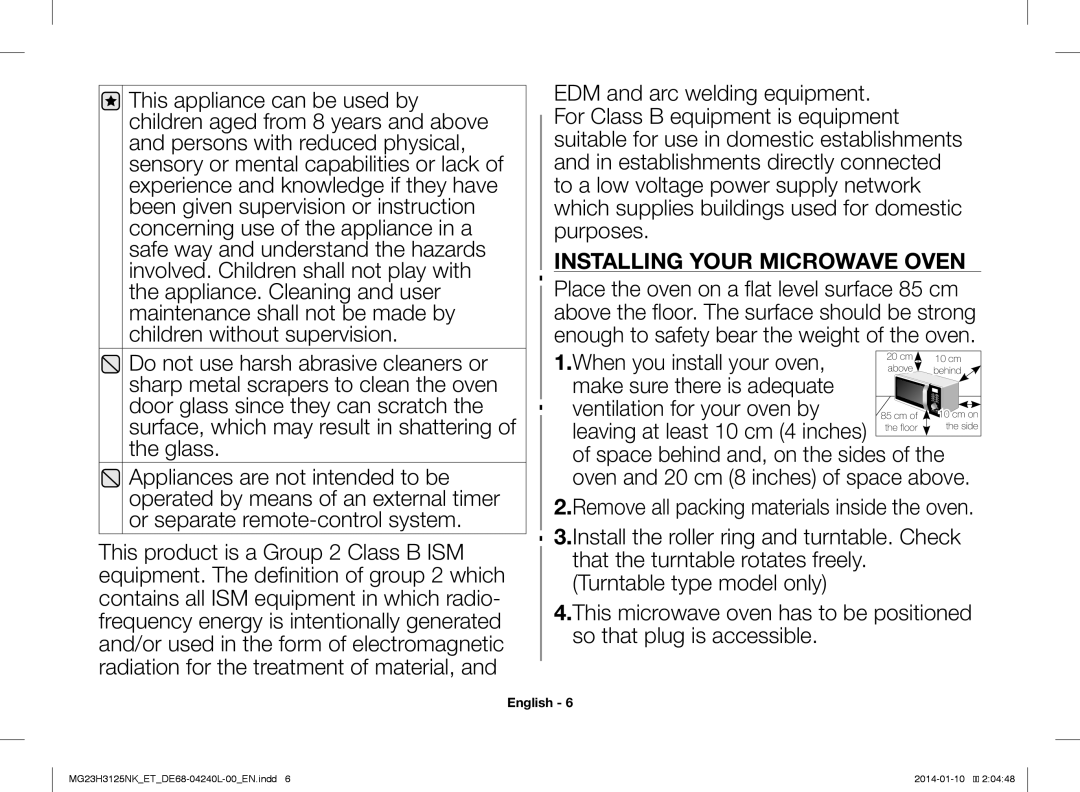 Samsung MG23H3125TK/ET, MG23H3125NW/ET manual Installing Your Microwave Oven 