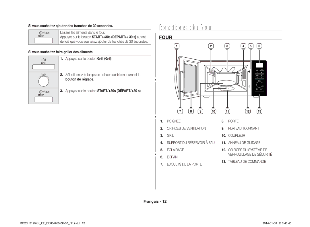 Samsung MG23H3125XK/EF manual Fonctions du four, Four, Si vous souhaitez ajouter des tranches de 30 secondes 