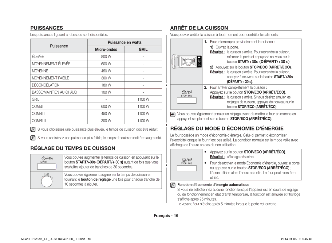 Samsung MG23H3125XK/EF Puissances, Réglage DU Temps DE Cuisson, Arrêt DE LA Cuisson, Réglage DU Mode Déconomie Dénergie 