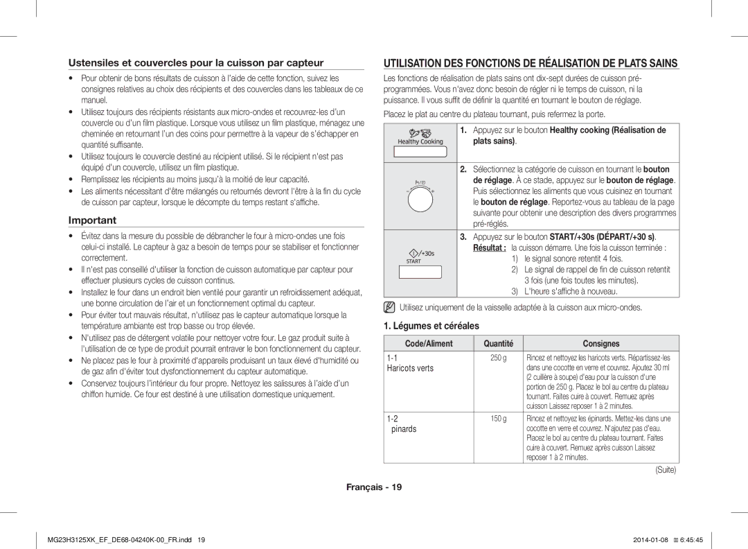 Samsung MG23H3125XK/EF manual Utilisation DES Fonctions DE Réalisation DE Plats Sains, Code/Aliment Quantité Consignes 