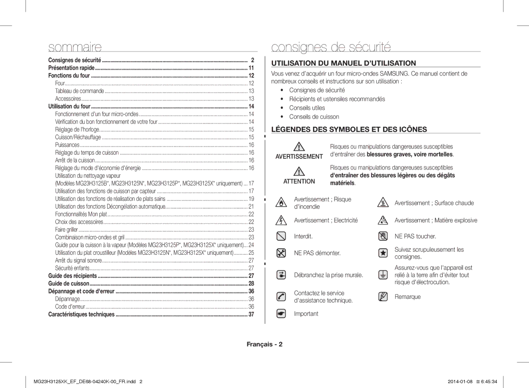 Samsung MG23H3125XK/EF Consignes de sécurité, Utilisation DU Manuel D’UTILISATION, Légendes DES Symboles ET DES Icônes 