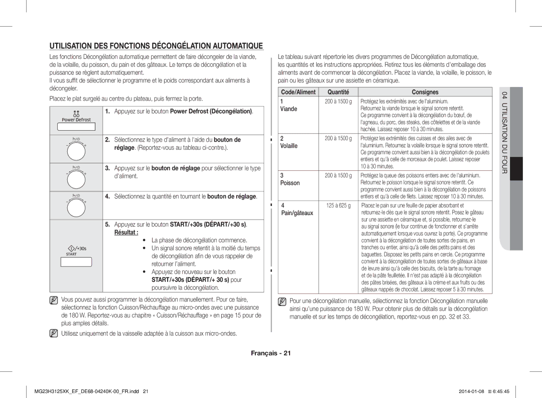 Samsung MG23H3125XK/EF manual Utilisation DES Fonctions Décongélation Automatique, Code/Aliment Quantité 