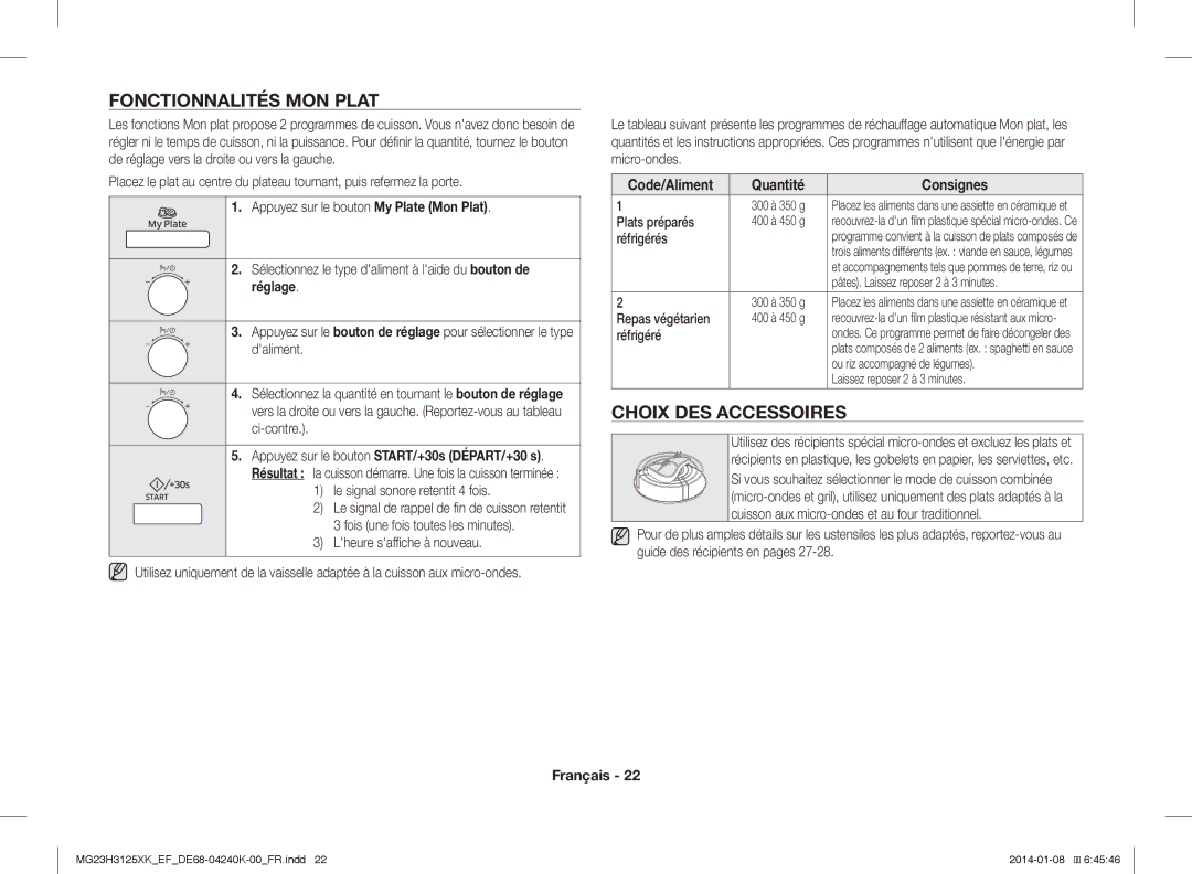 Samsung MG23H3125XK/EF manual Fonctionnalités MON Plat, Choix DES Accessoires, Quantité Consignes 