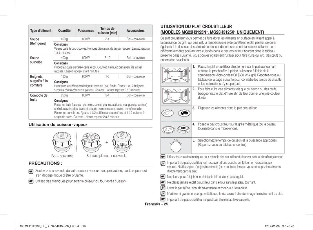 Samsung MG23H3125XK/EF manual Utilisation DU Plat Croustilleur, Modèles MG23H3125N*, MG23H3125X* Uniquement, Précautions 