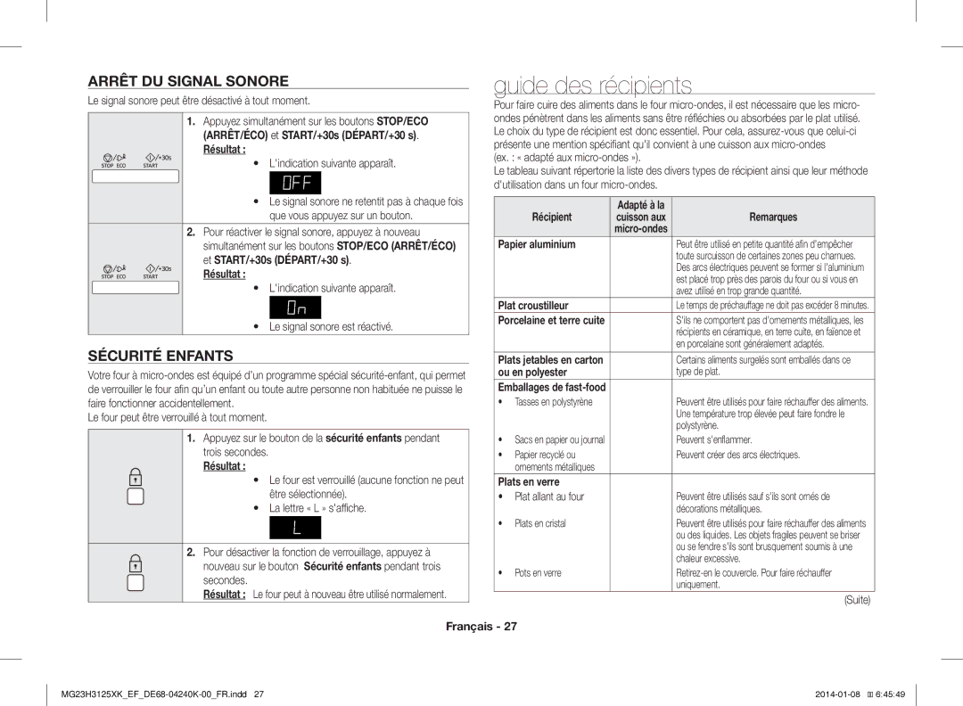 Samsung MG23H3125XK/EF manual Guide des récipients, Arrêt DU Signal Sonore, Sécurité Enfants 