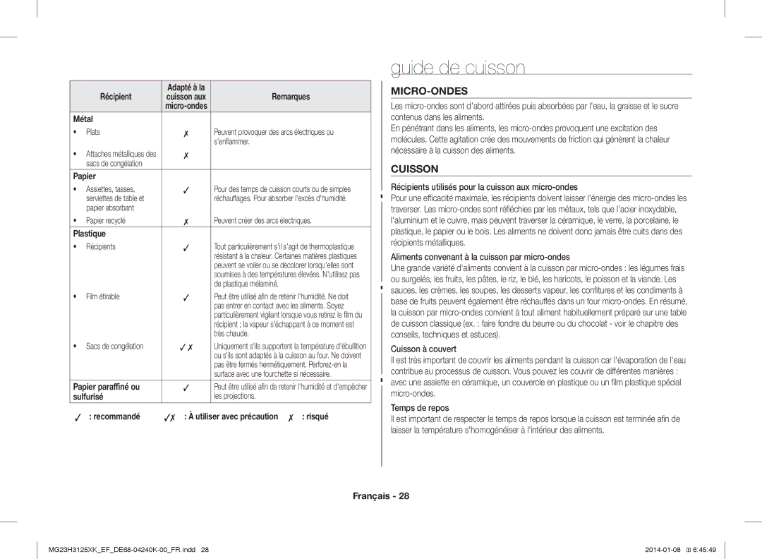 Samsung MG23H3125XK/EF manual Guide de cuisson, Micro-Ondes 