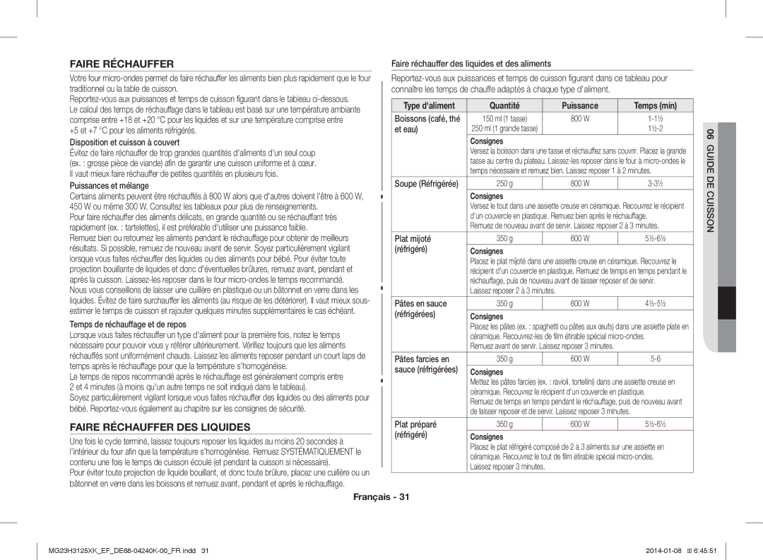 Samsung MG23H3125XK/EF manual Faire Réchauffer DES Liquides 