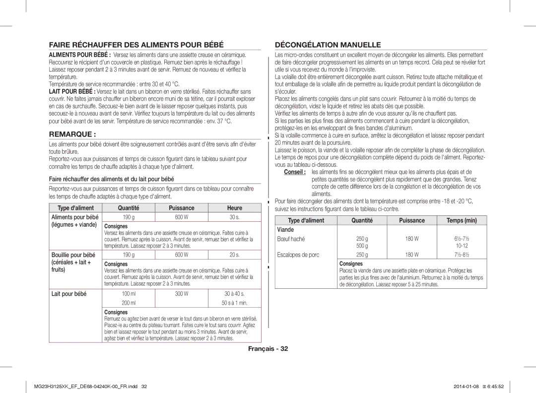 Samsung MG23H3125XK/EF Faire Réchauffer DES Aliments Pour Bébé, Remarque, Décongélation Manuelle, Quantité Puissance Heure 