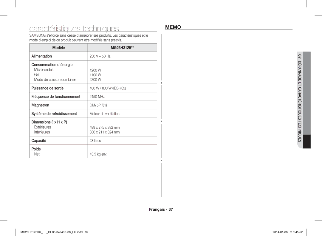 Samsung MG23H3125XK/EF manual Caractéristiques techniques, Memo, Modèle MG23H3125 