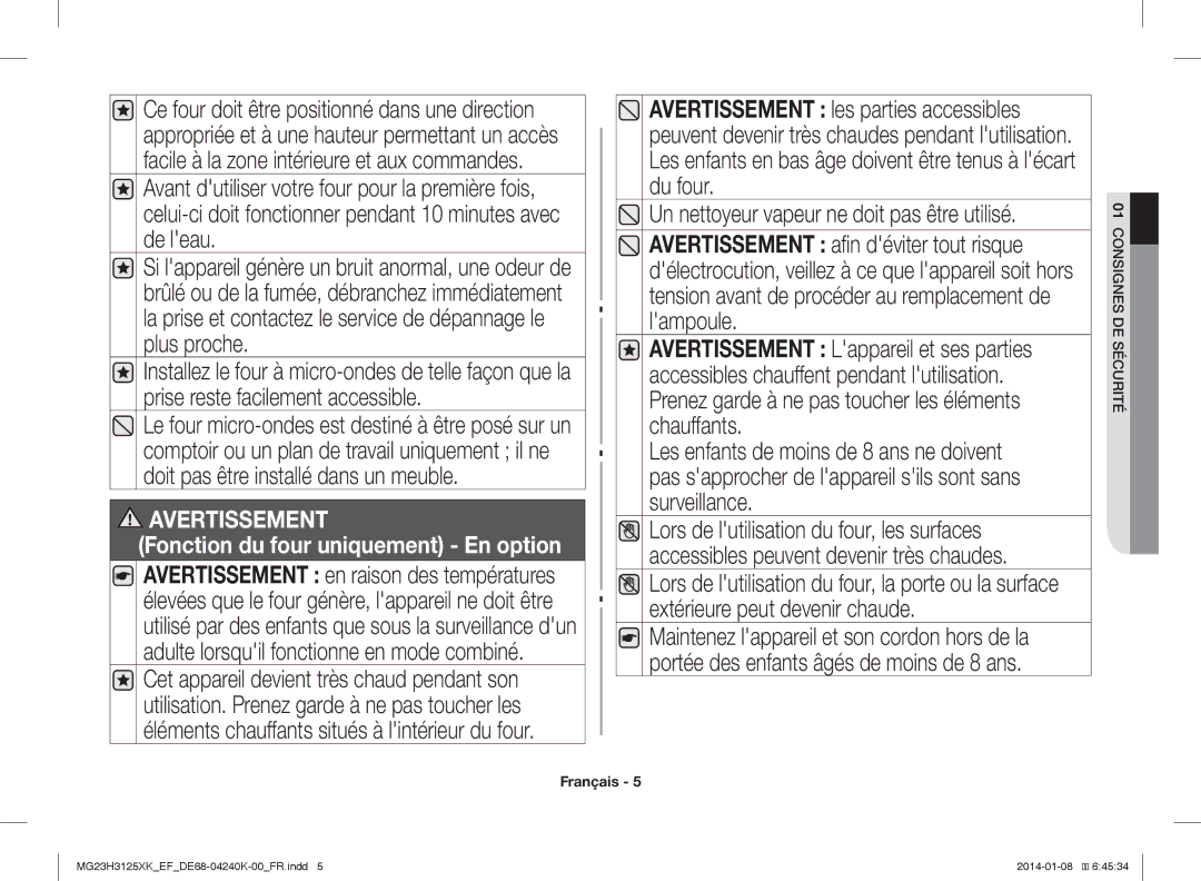 Samsung MG23H3125XK/EF manual Fonction du four uniquement En option 