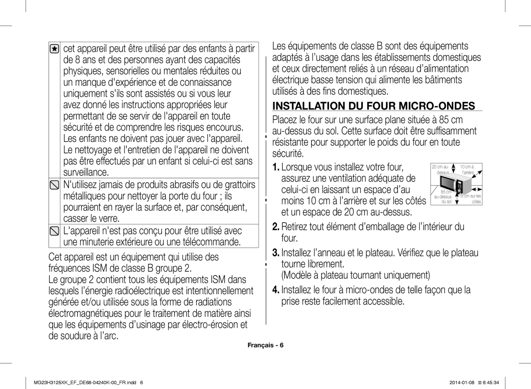 Samsung MG23H3125XK/EF manual Installation DU Four MICRO-ONDES 