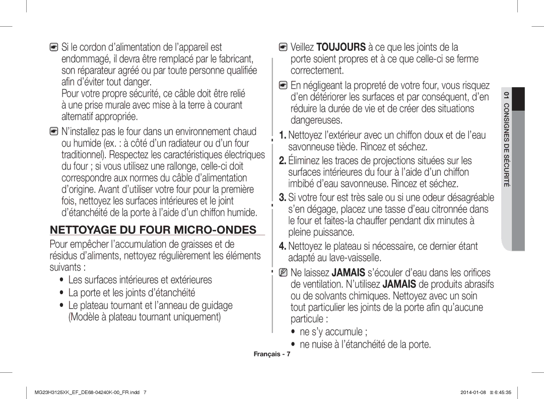 Samsung MG23H3125XK/EF manual Nettoyage DU Four MICRO-ONDES 