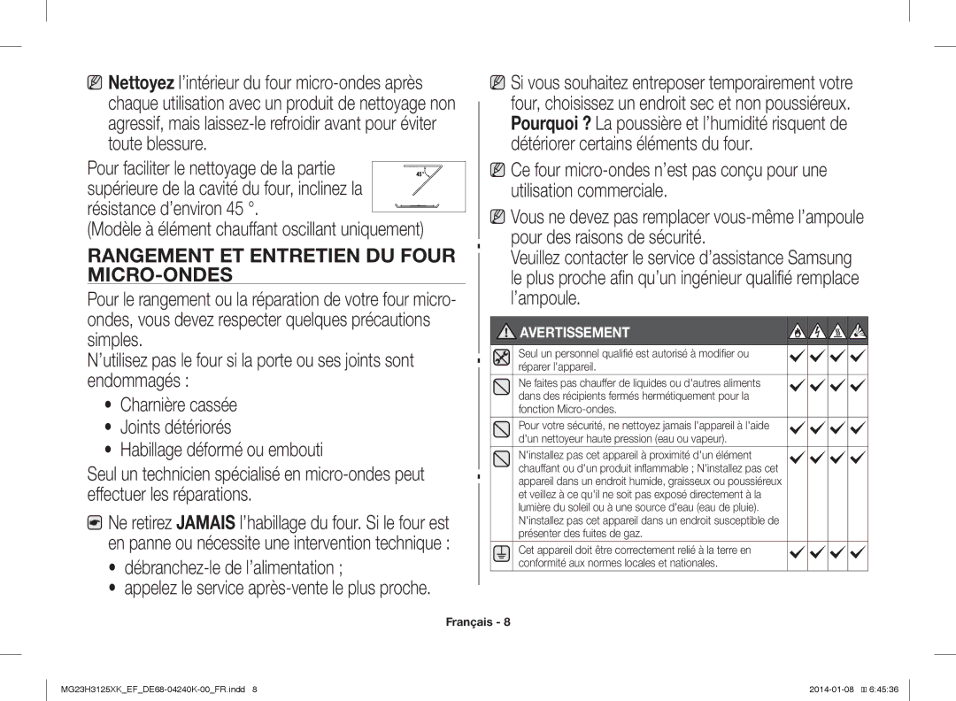 Samsung MG23H3125XK/EF manual Rangement ET Entretien DU Four MICRO-ONDES 