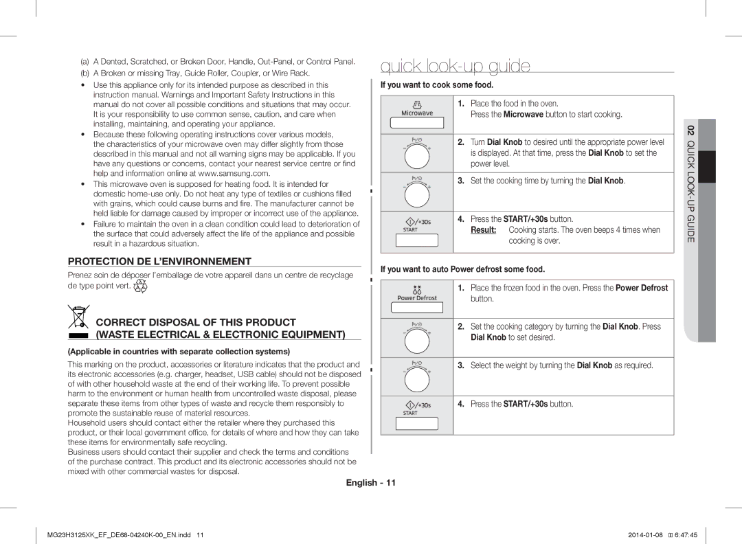 Samsung MG23H3125XK/EF, MG23H3125XK/EG Quick look-up guide, Protection DE L’ENVIRONNEMENT, If you want to cook some food 