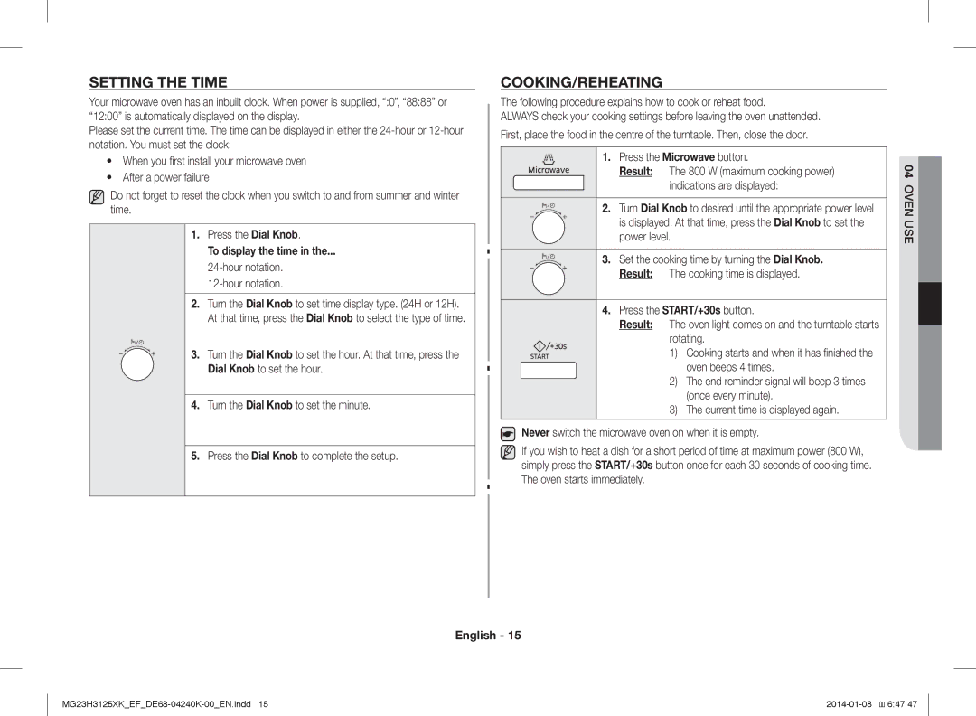 Samsung MG23H3125XK/EF, MG23H3125XK/EG manual Setting the Time, Cooking/Reheating, To display the time, Hour notation 