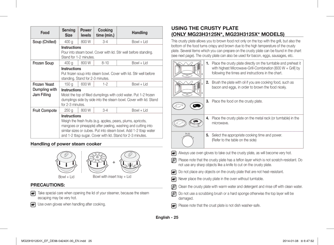 Samsung MG23H3125XK/EF, MG23H3125XK/EG manual Using the Crusty Plate, Precautions 