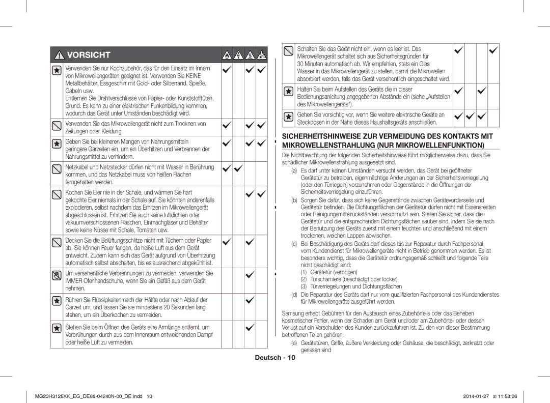 Samsung MG23H3125XK/EG, MG23H3125XW/EG manual Vorsicht 