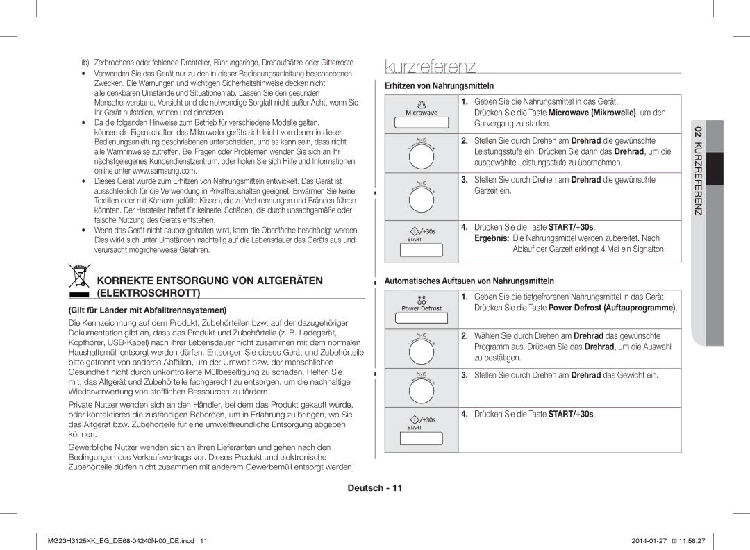 Samsung MG23H3125XW/EG manual Kurzreferenz, Korrekte Entsorgung VON Altgeräten Elektroschrott, Erhitzen von Nahrungsmitteln 