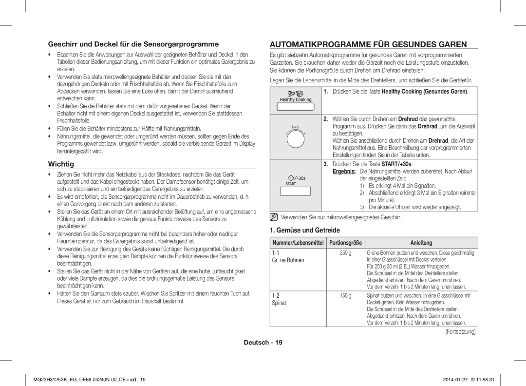 Samsung MG23H3125XW/EG, MG23H3125XK/EG manual Automatikprogramme FÜR Gesundes Garen, Anleitung 