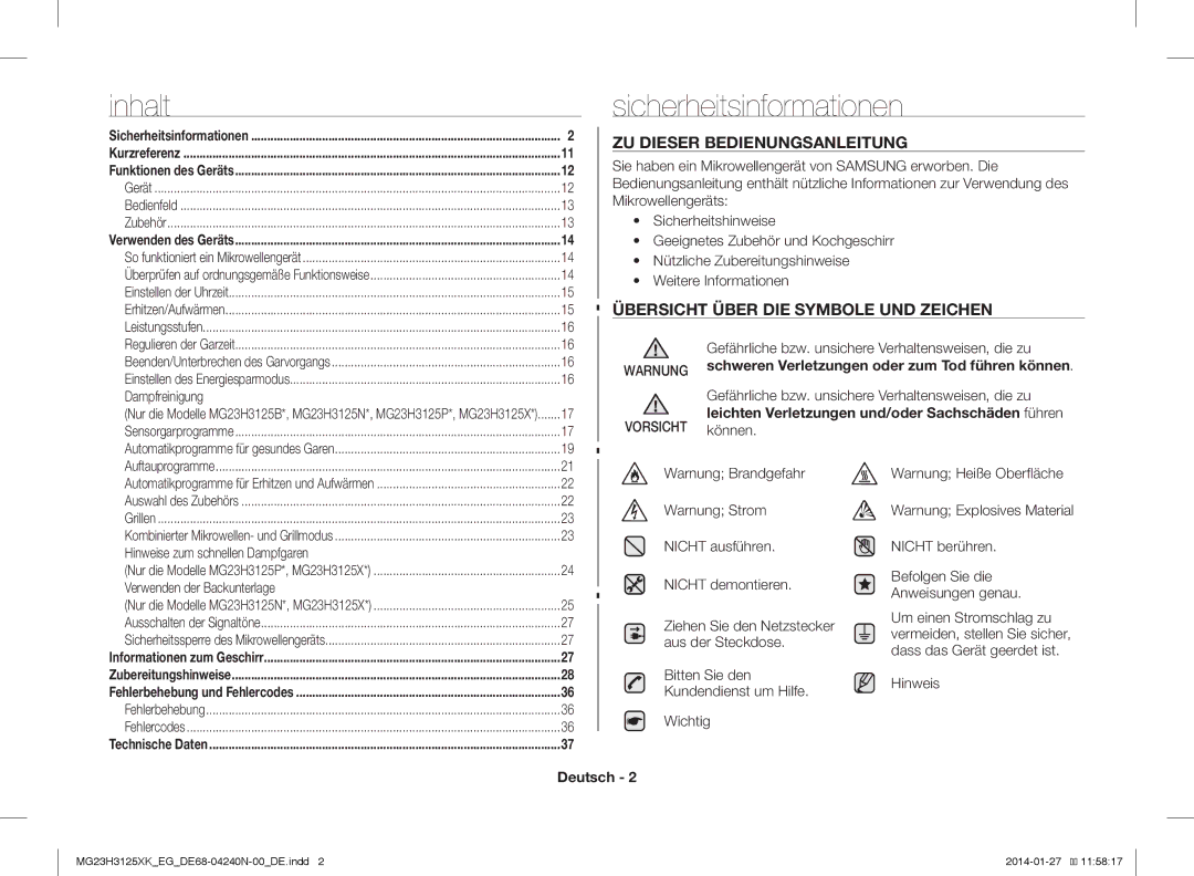 Samsung MG23H3125XK/EG Sicherheitsinformationen, ZU Dieser Bedienungsanleitung, Übersicht Über DIE Symbole UND Zeichen 