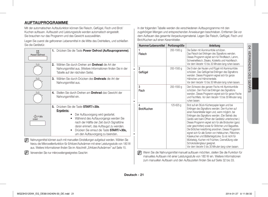 Samsung MG23H3125XW/EG, MG23H3125XK/EG manual Auftauprogramme, Ergebnis 