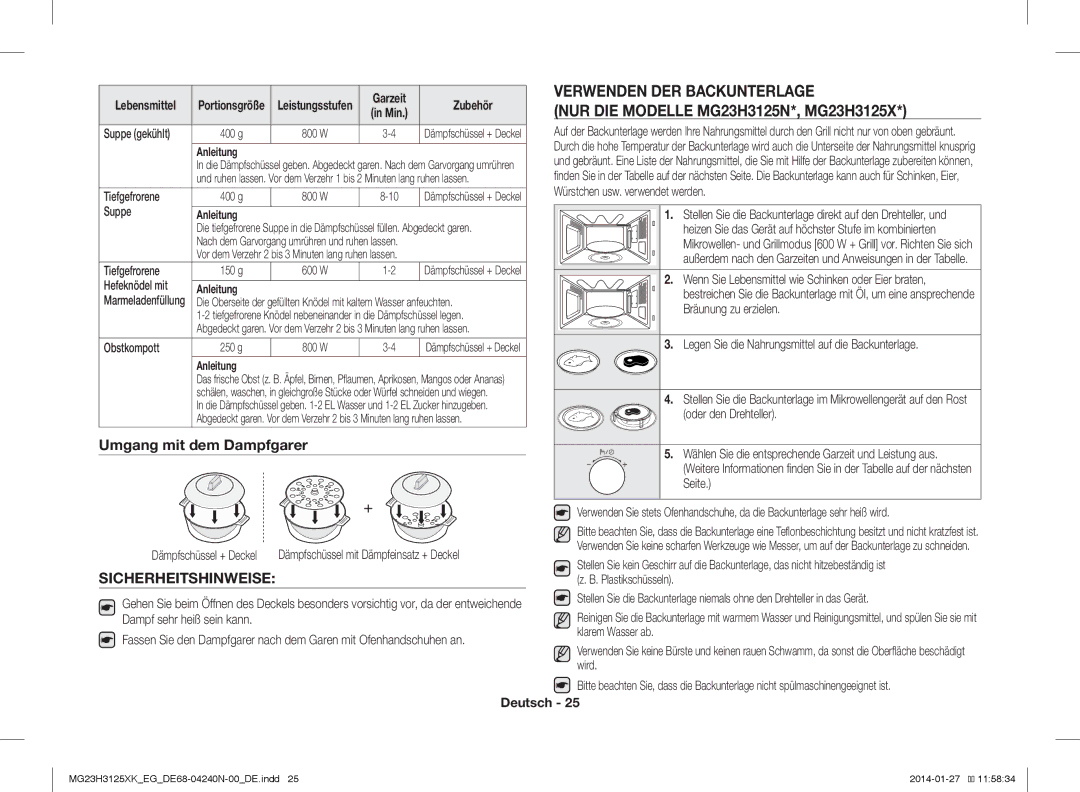 Samsung MG23H3125XW/EG, MG23H3125XK/EG manual Verwenden DER Backunterlage, Sicherheitshinweise 