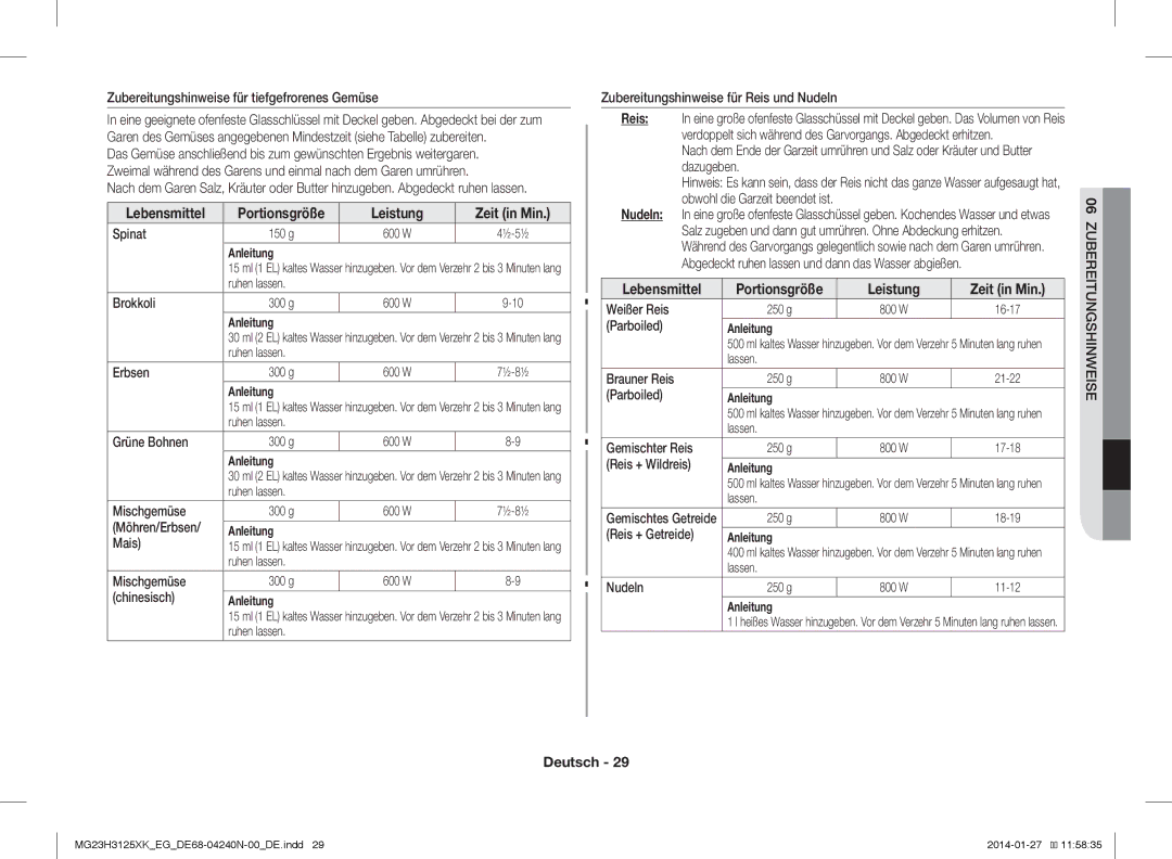 Samsung MG23H3125XW/EG, MG23H3125XK/EG manual Leistung Zeit in Min, Lebensmittel 