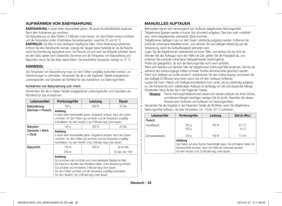 Samsung MG23H3125XK/EG, MG23H3125XW/EG manual Aufwärmen VON Babynahrung, Hinweis, Manuelles Auftauen, Leistung Dauer 