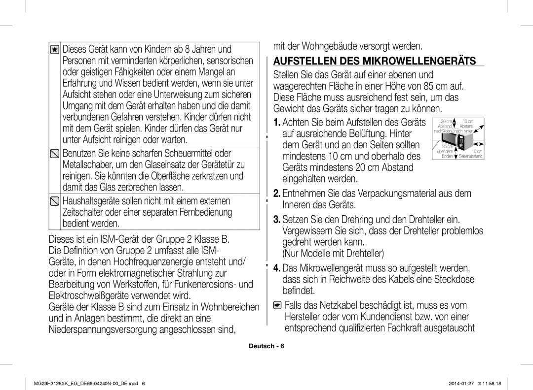 Samsung MG23H3125XK/EG, MG23H3125XW/EG manual Aufstellen DES Mikrowellengeräts 