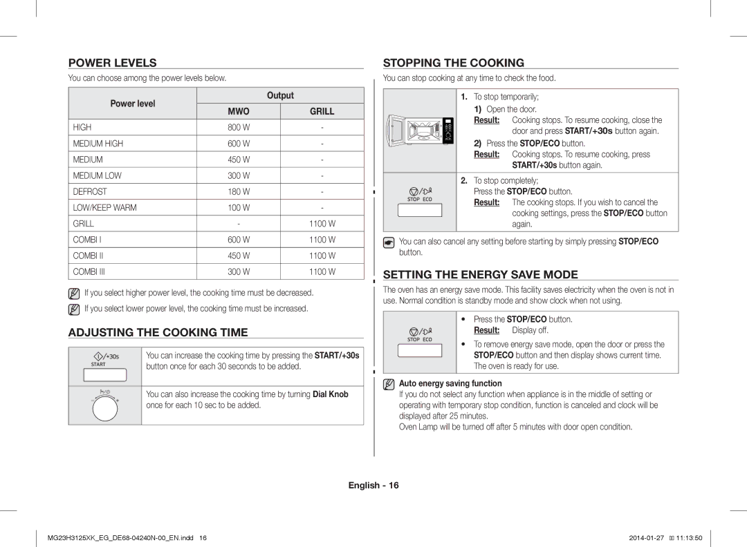 Samsung MG23H3125XK/EG manual Power Levels, Adjusting the Cooking Time, Stopping the Cooking, Setting the Energy Save Mode 