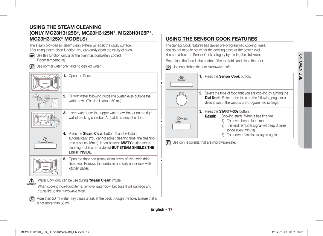 Samsung MG23H3125XK/EG manual Using the Steam Cleaning, Using the Sensor Cook Features, Press the Sensor Cook button 