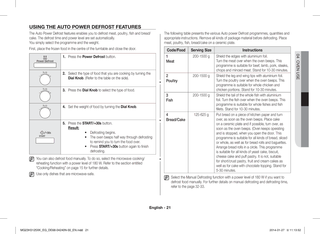 Samsung MG23H3125XK/EG manual Using the Auto Power Defrost Features, Press the Power Defrost button, Code/Food Serving Size 