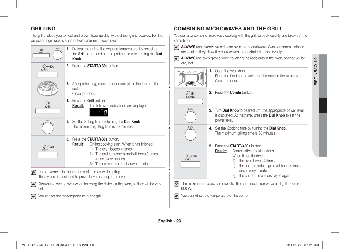 Samsung MG23H3125XK/EG manual Grilling, Combining Microwaves and the Grill 