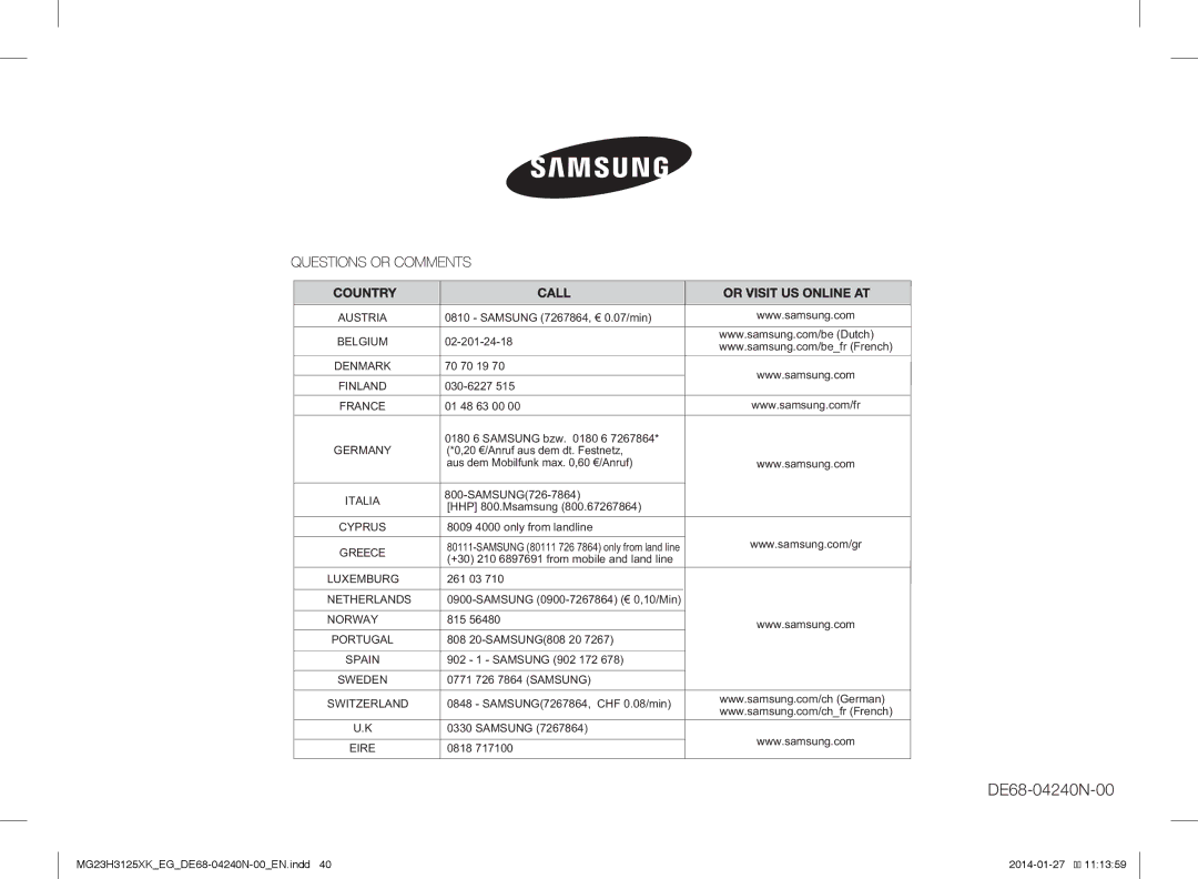 Samsung MG23H3125XK/EG manual DE68-04240N-00 