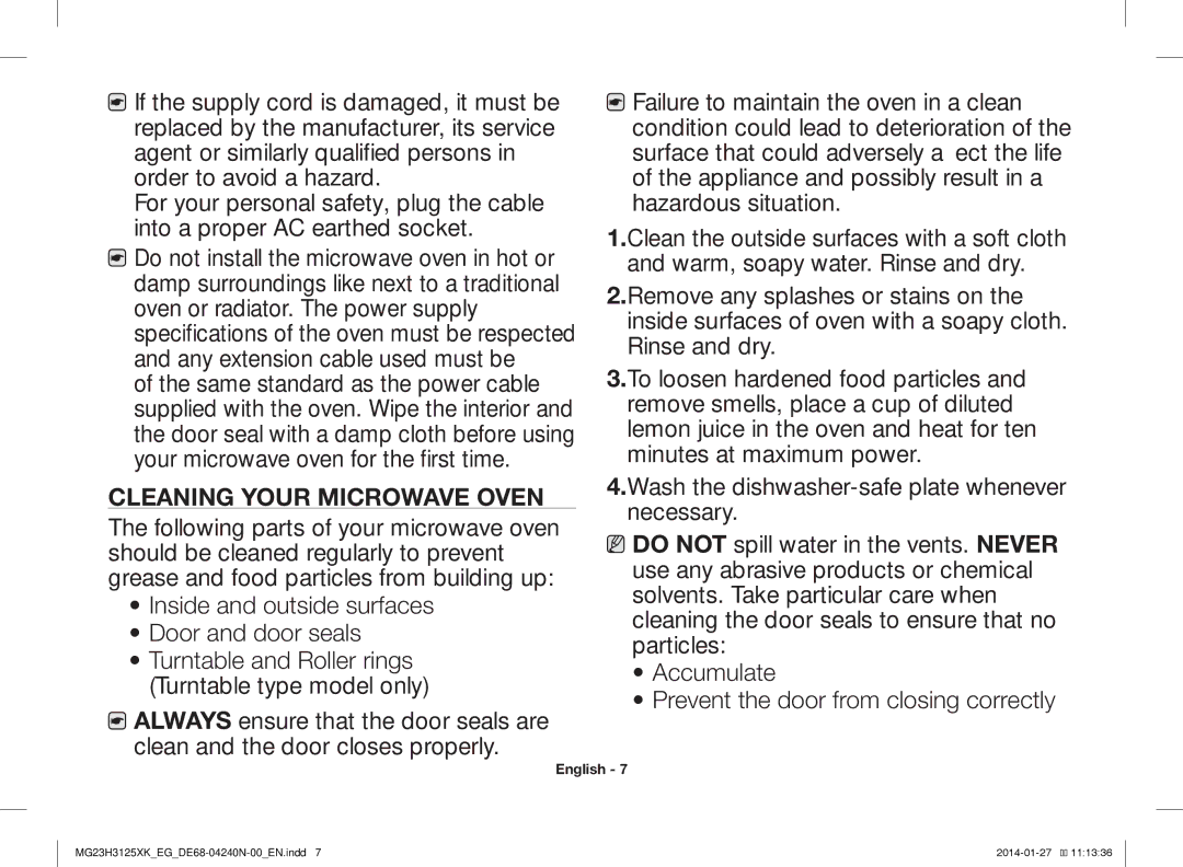 Samsung MG23H3125XK/EG manual Cleaning Your Microwave Oven 