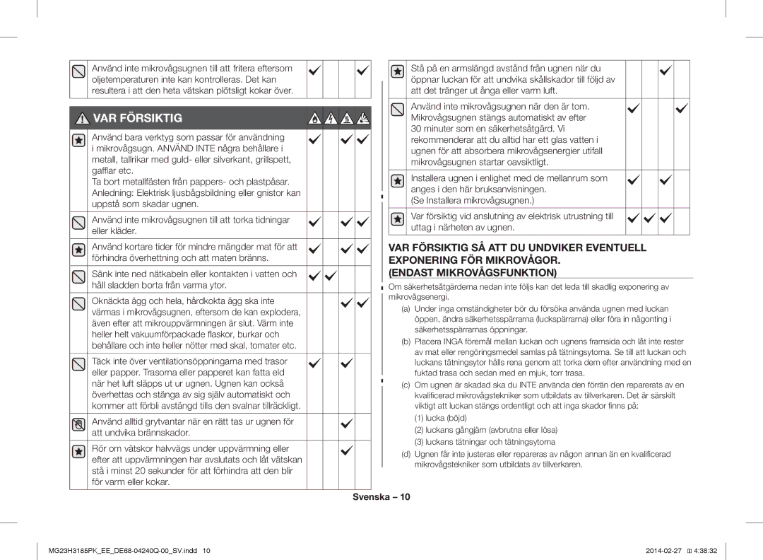 Samsung MG23H3185PK/EE manual VAR Försiktig 