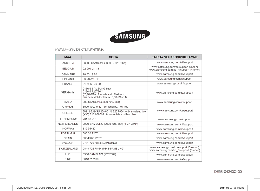 Samsung MG23H3185PK/EE manual DE68-04240Q-00 