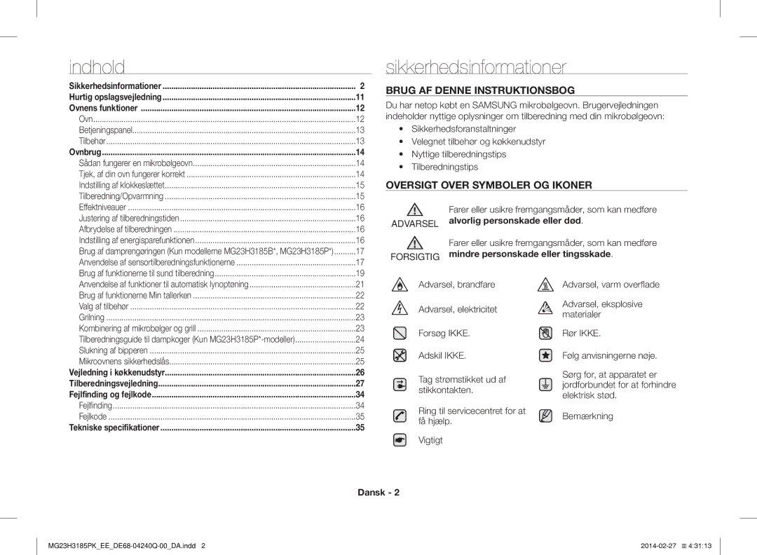 Samsung MG23H3185PK/EE Indhold, Sikkerhedsinformationer, Brug AF Denne Instruktionsbog, Oversigt Over Symboler OG Ikoner 