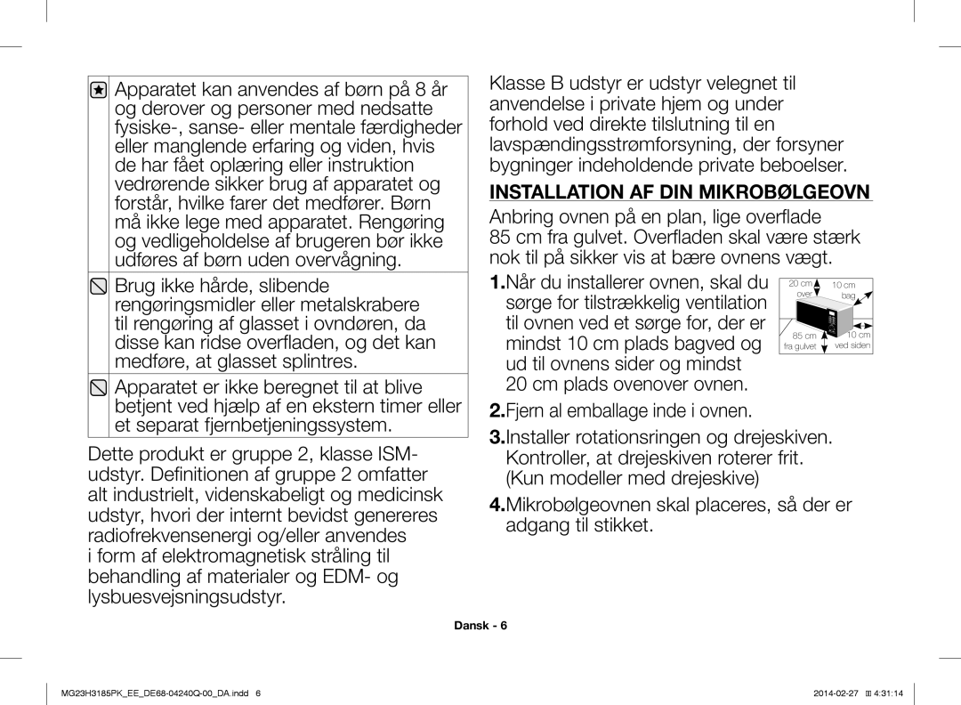 Samsung MG23H3185PK/EE manual Installation AF DIN Mikrobølgeovn 