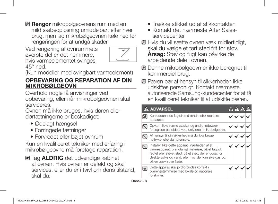 Samsung MG23H3185PK/EE manual Opbevaring OG Reparation AF DIN, Mikrobølgeovn 