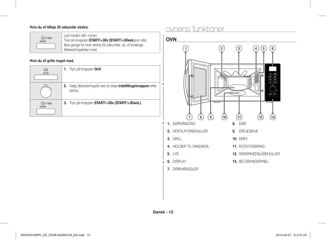 Samsung MG23H3185PK/EE manual Ovnens funktioner, Hvis du vil tilføje 30 sekunder ekstra, Lad maden stå i ovnen 