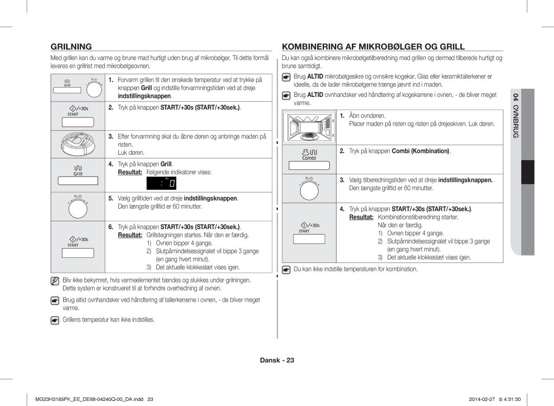 Samsung MG23H3185PK/EE manual Grilning, Kombinering AF Mikrobølger OG Grill, Tryk på knappen Combi Kombination 