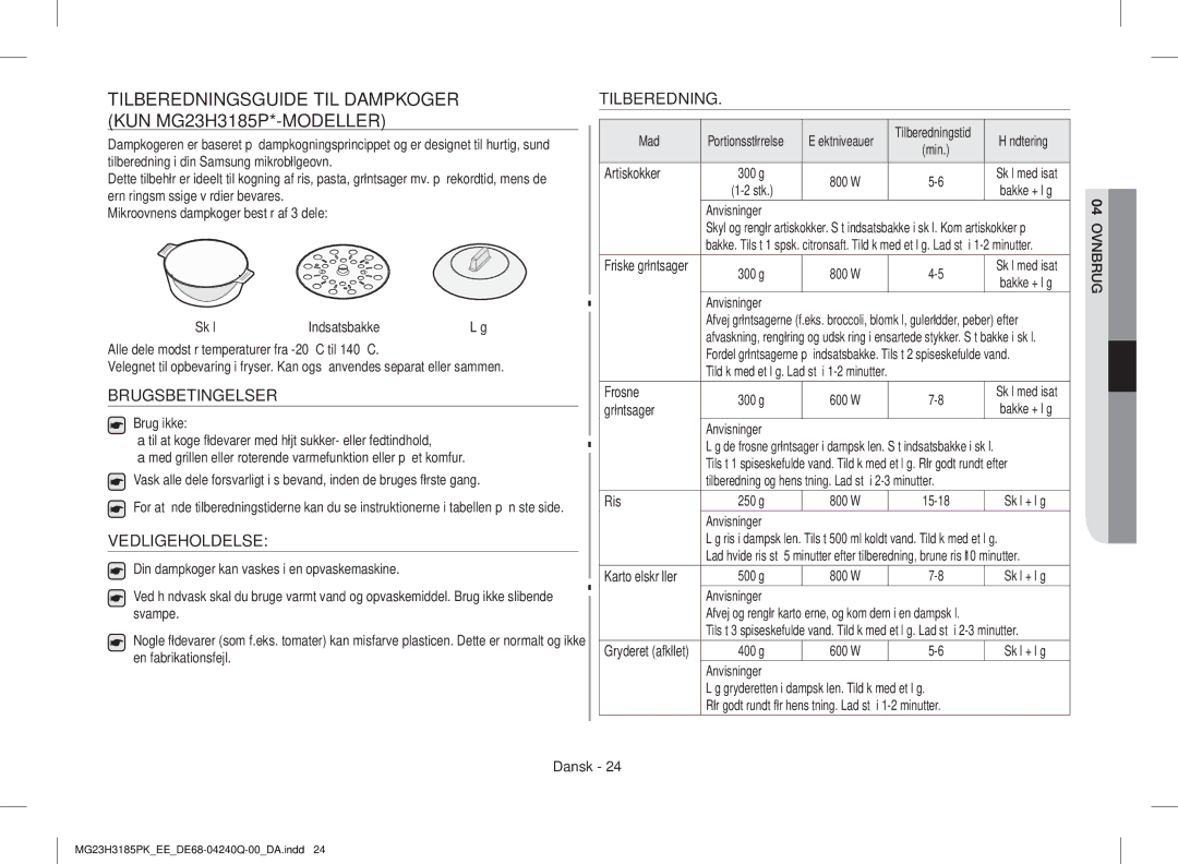 Samsung MG23H3185PK/EE Tilberedningsguide TIL Dampkoger KUN MG23H3185P*-MODELLER, Brugsbetingelser, Vedligeholdelse, Mad 