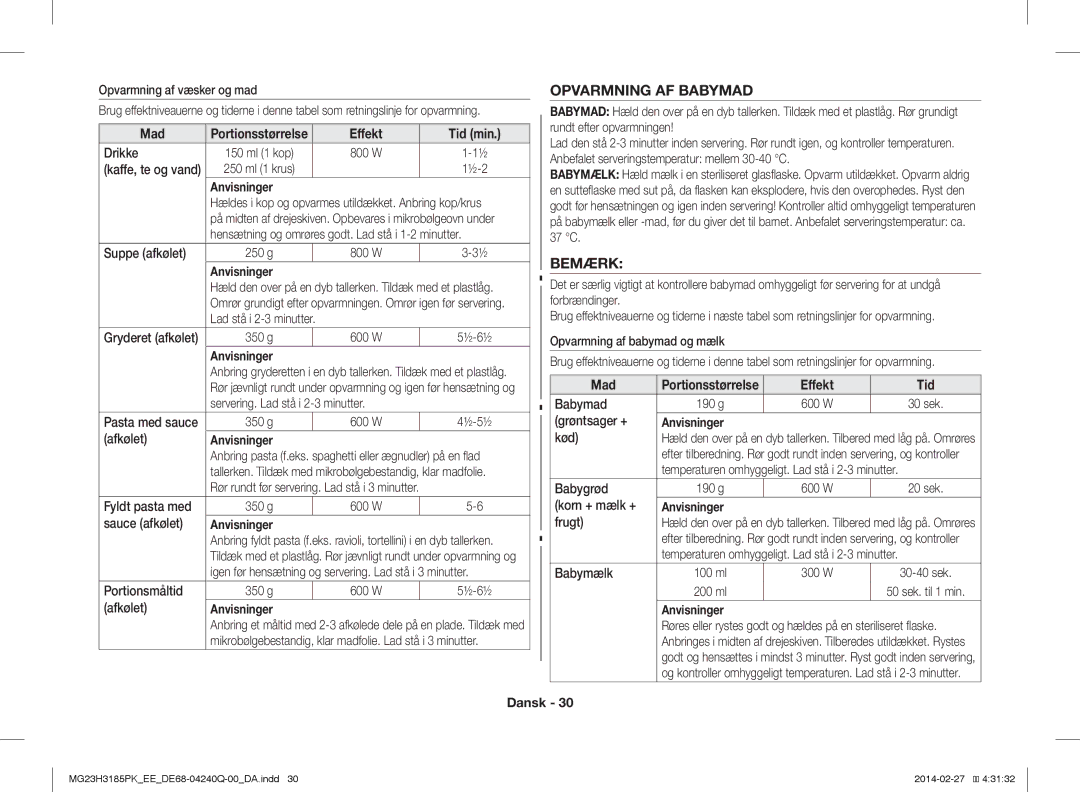 Samsung MG23H3185PK/EE manual Opvarmning AF Babymad, Bemærk 