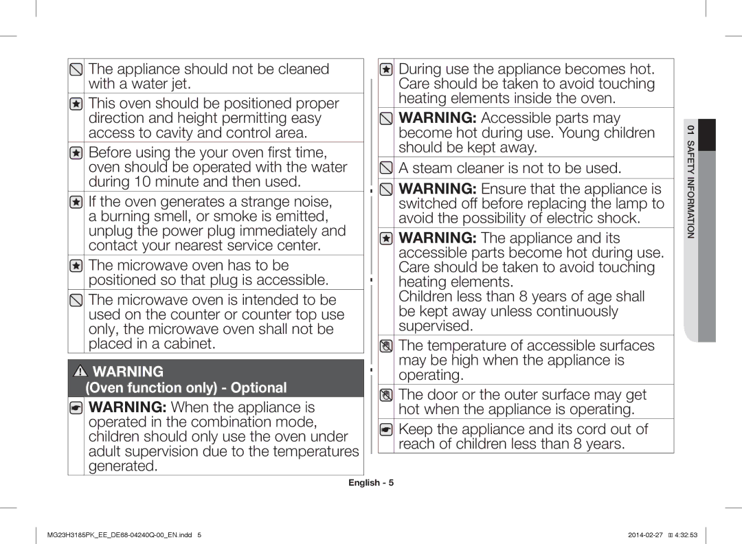 Samsung MG23H3185PK/EE manual Appliance should not be cleaned with a water jet 