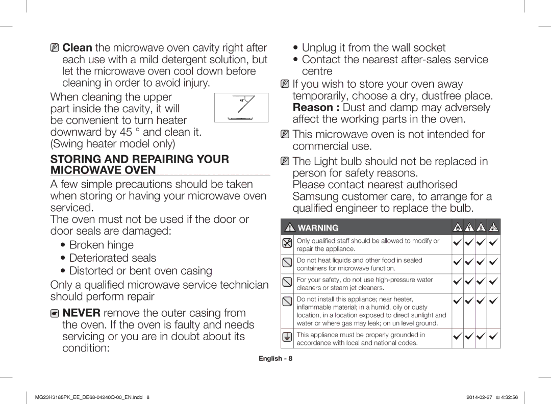 Samsung MG23H3185PK/EE manual Storing and Repairing Your Microwave Oven 